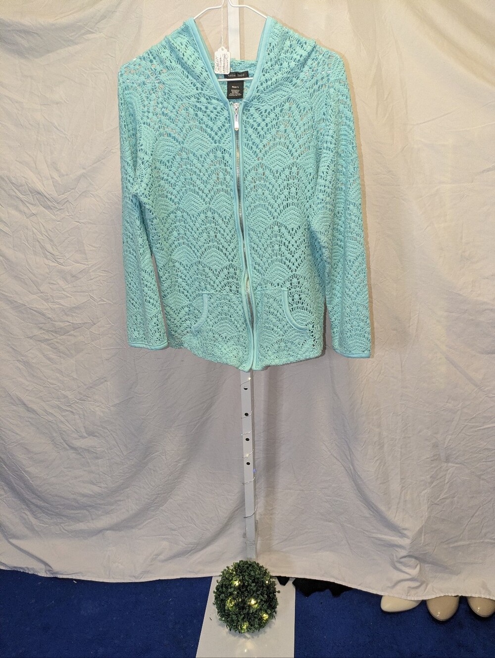 Beachy Katie Todd Light Aqua Blue Crochet Knit Hooded Sweater Jacket Large